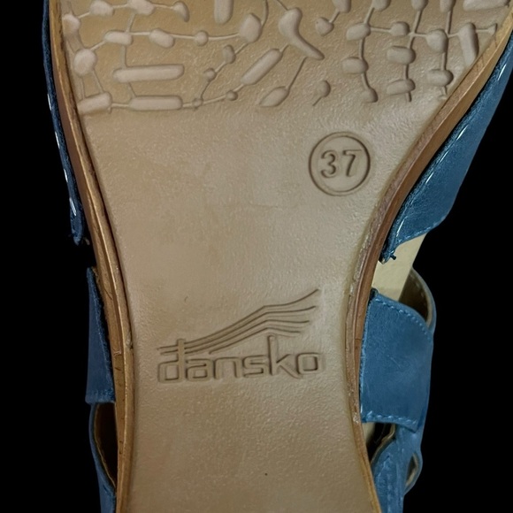 Dansko Taci Mary Jane Clogs Women’s 7 EU 37 Blue Leather Wood Cutout - Picture 9 of 13